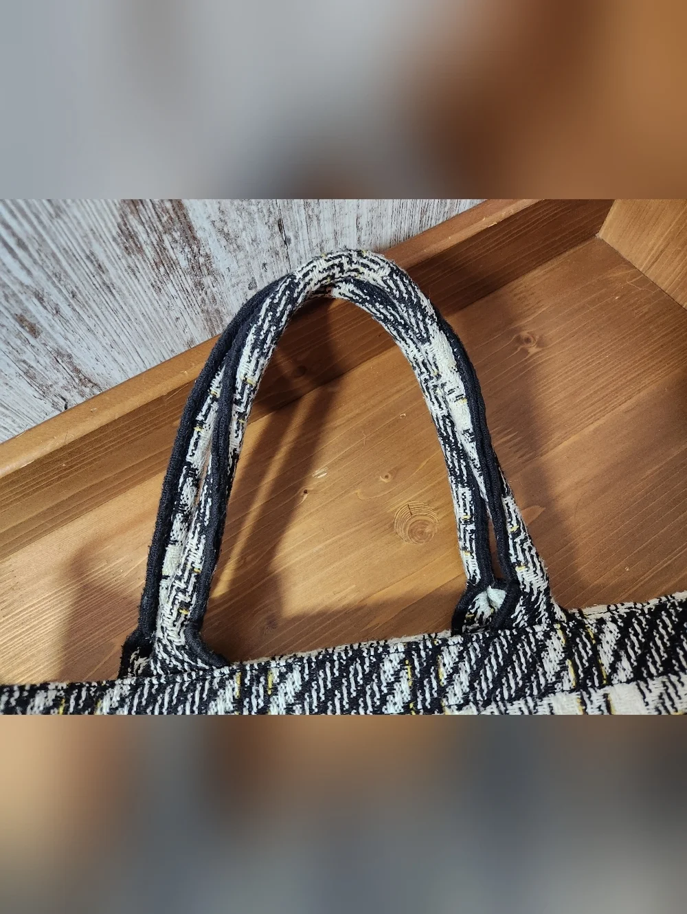 Black, Cream & Yellow Tweed Plaid Check Work Office Tote With Smiley Face
